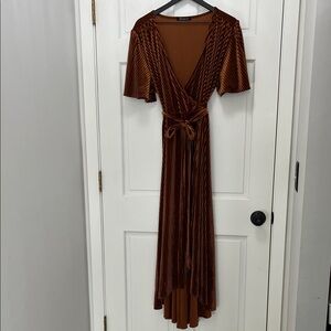 Simplee Short Sleeve Rust Orange Velvet High Low Hem Wrap Dress - Size XL